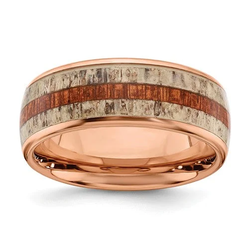 Stainless Steel Rose Gold IP With Wood And Antler Inlay 8mm Band