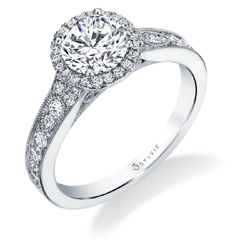 Sylvie Collection 14K White Gold Round Halo Engagement Ring Setting W. 1.50Ct Round