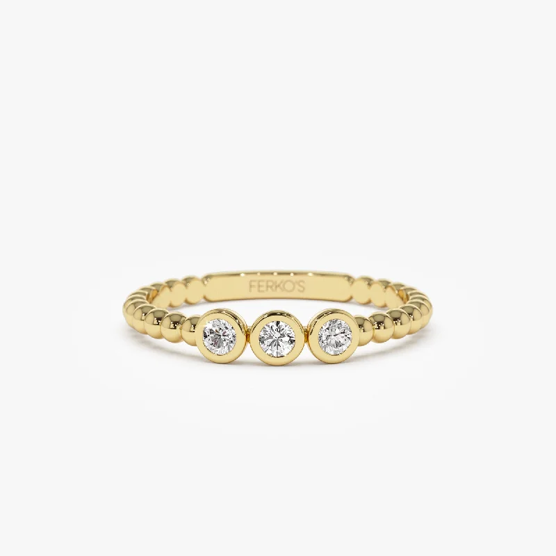 14k Beaded Three Stone Diamond Ring