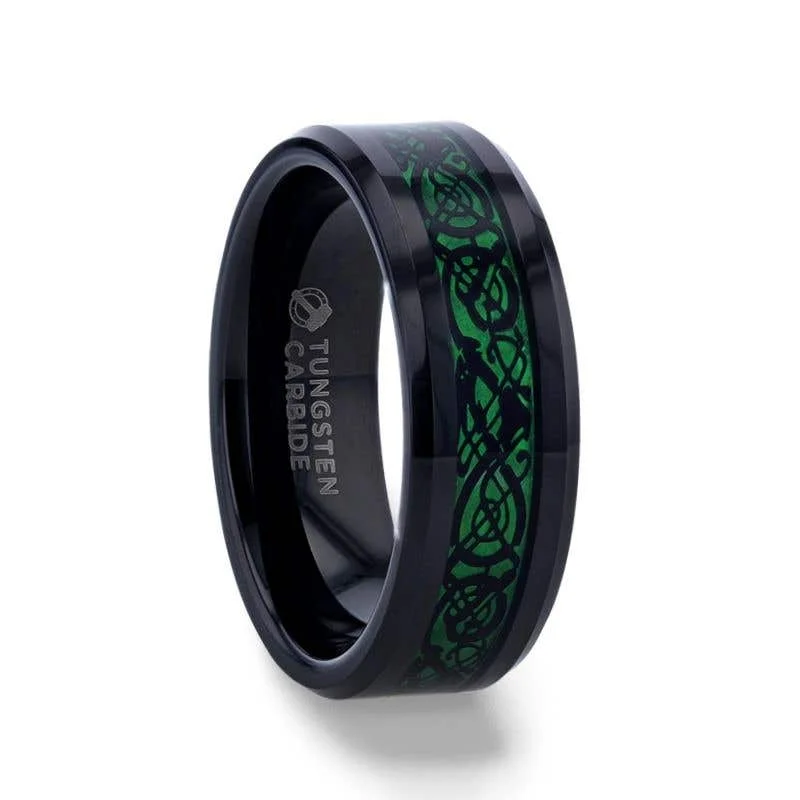 Thorsten ALLURE Black Dragon Design With Green Background Inlaid Black Tungsten Men's Ring With Clear Coating And Beveled Edge - 8mm