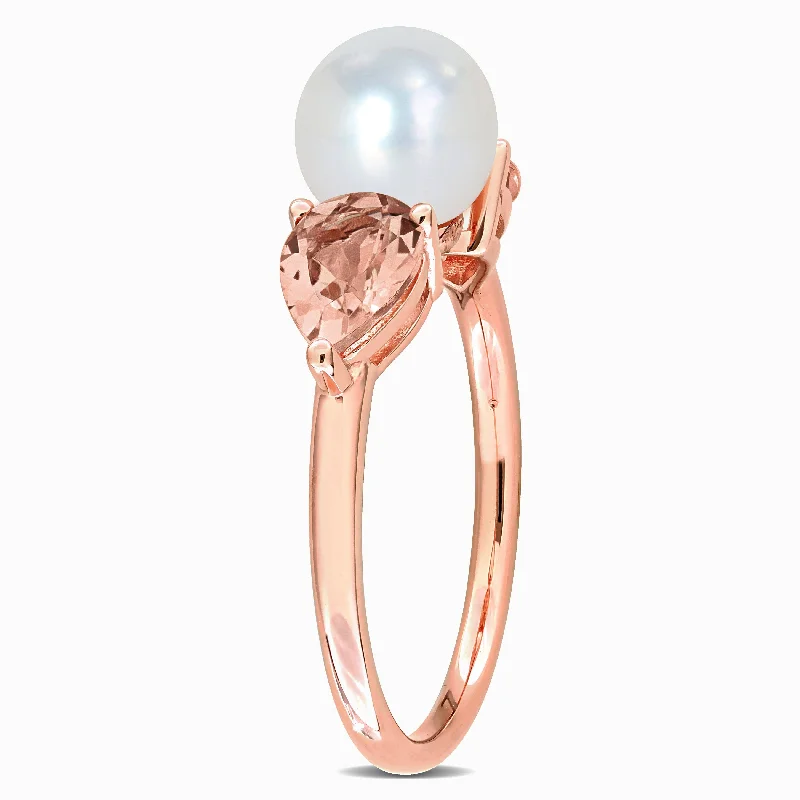 Miadora 7-7.5mm Cultured Freshwater Pearl 1 1/2ct TGW Morganite Promise Ring 14k Rose Gold