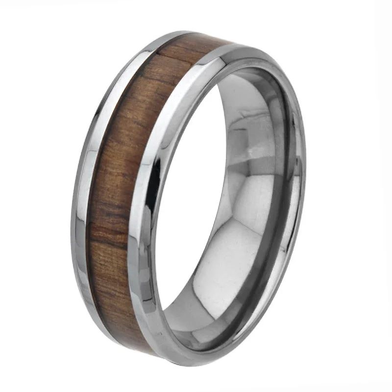 Silver Tone Titanium with Inlaid Koa Wood Band Ring