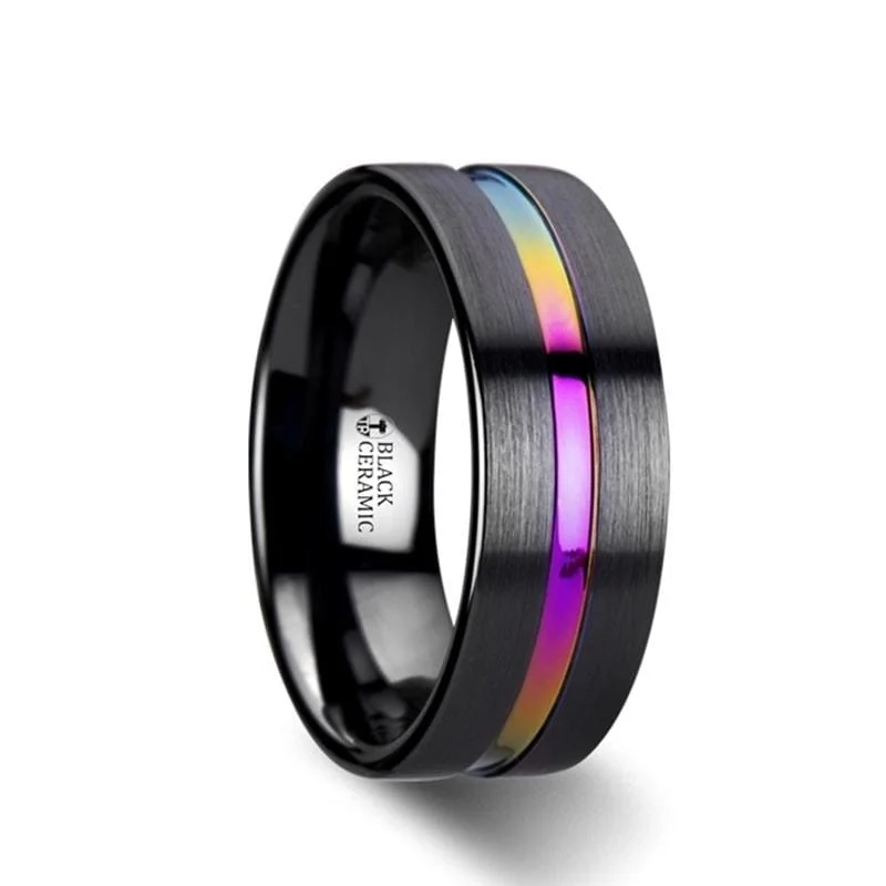 AZURE Flat Black Ceramic Ring Brushed with Rainbow Groove