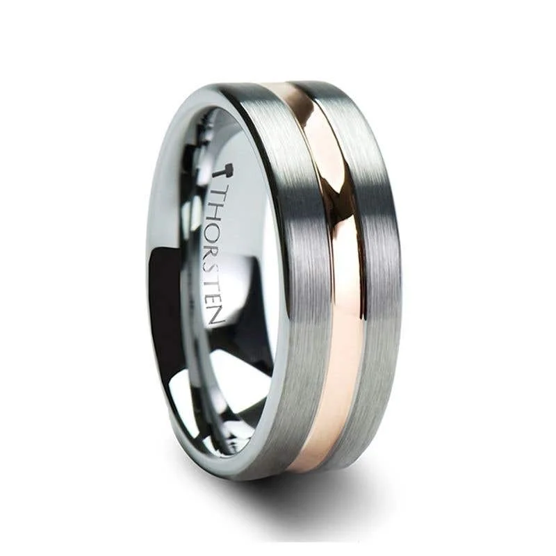 Thorsten ZEUS Flat Brushed Finish Tungsten Carbide Ring with Rose Gold Plated Groove - 4mm - 10mm