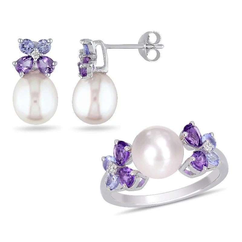 Miadora Sterling Silver Cultured FW Pearl Tanzanite Amethyst and Diamond Butterfly Jewelry Set (8-9 MM)