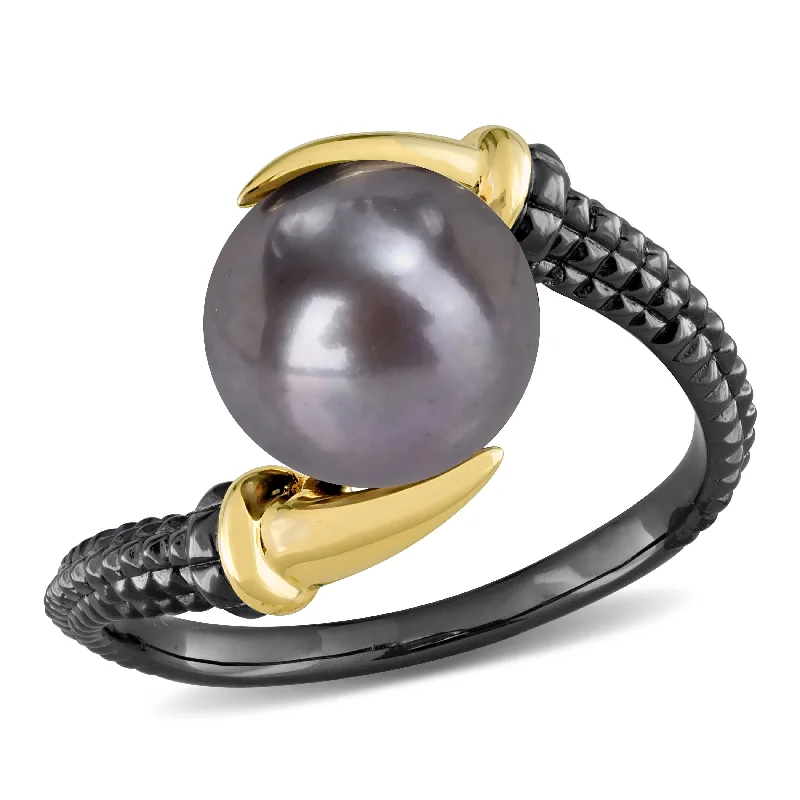 Miadora Mens 9.5-10 mm Black Cultured Freshwater Pearl Ring in Yellow and Black Silver