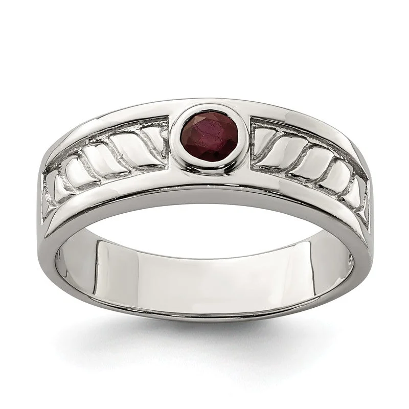 Sterling Silver Men's Bezel Ruby Textured Band Ring