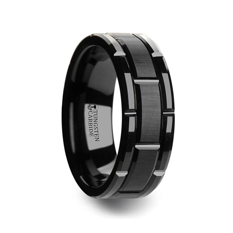 WINDSOR Beveled Black Tungsten Carbide Wedding Band with Brush Finished Center and Alternating Grooves