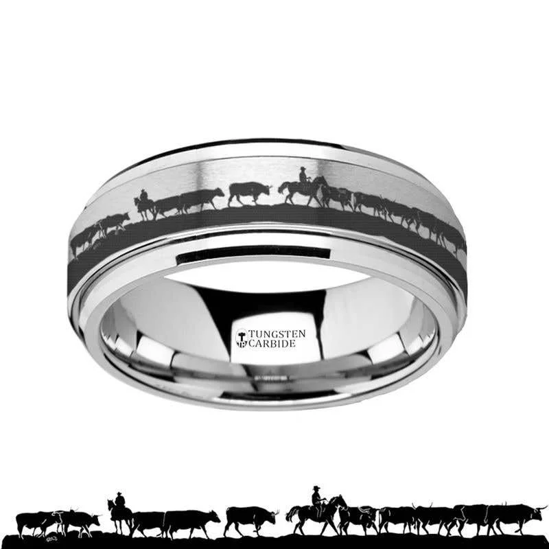 Thorsten Spinning Engraved Herding Cattle Tungsten Carbide Band Spinner Ring