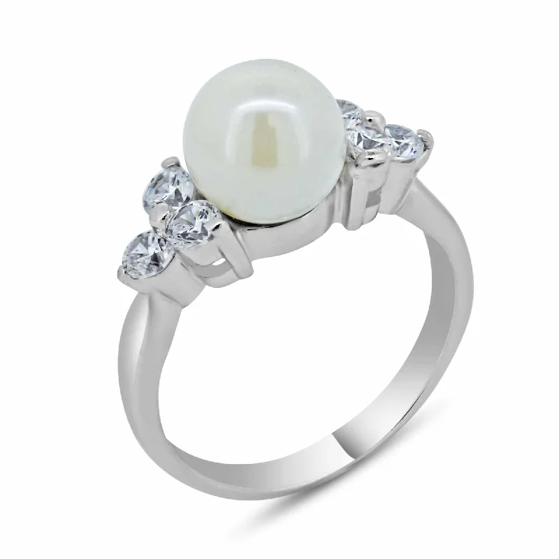 925 Sterling Silver Rhodium Plated Synthetic Pearl Center Clear CZ Ring - BGR00367