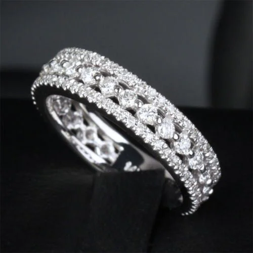 Triple Row Diamond Eternity Anniversary Ring 14k White Gold