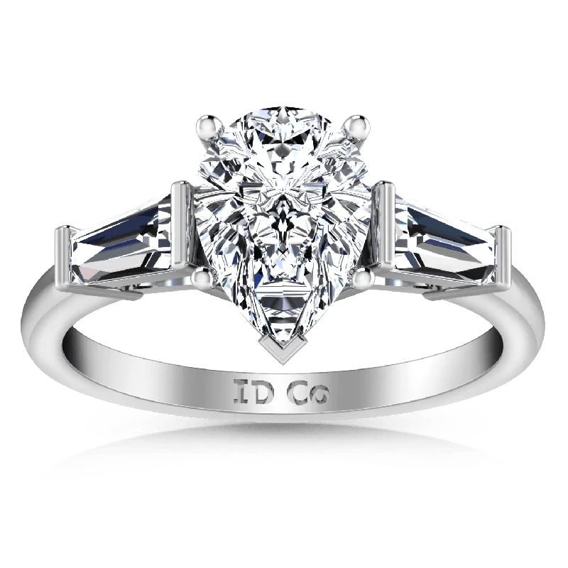 Three Stone Pear Diamond Engagement Ring Tapered Baguette 14K White Gold