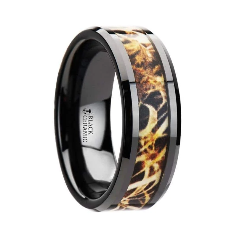 Thorsten TUNDRA Black Ceramic Wedding Band with Leaves Grassland Camo Inlay Ring - 8mm