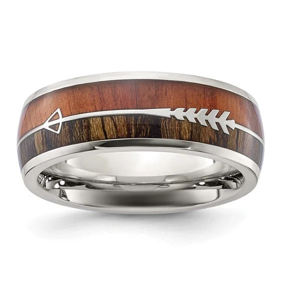 Stainless Steel Polished with Wood Inlay Arrow 8mm Band