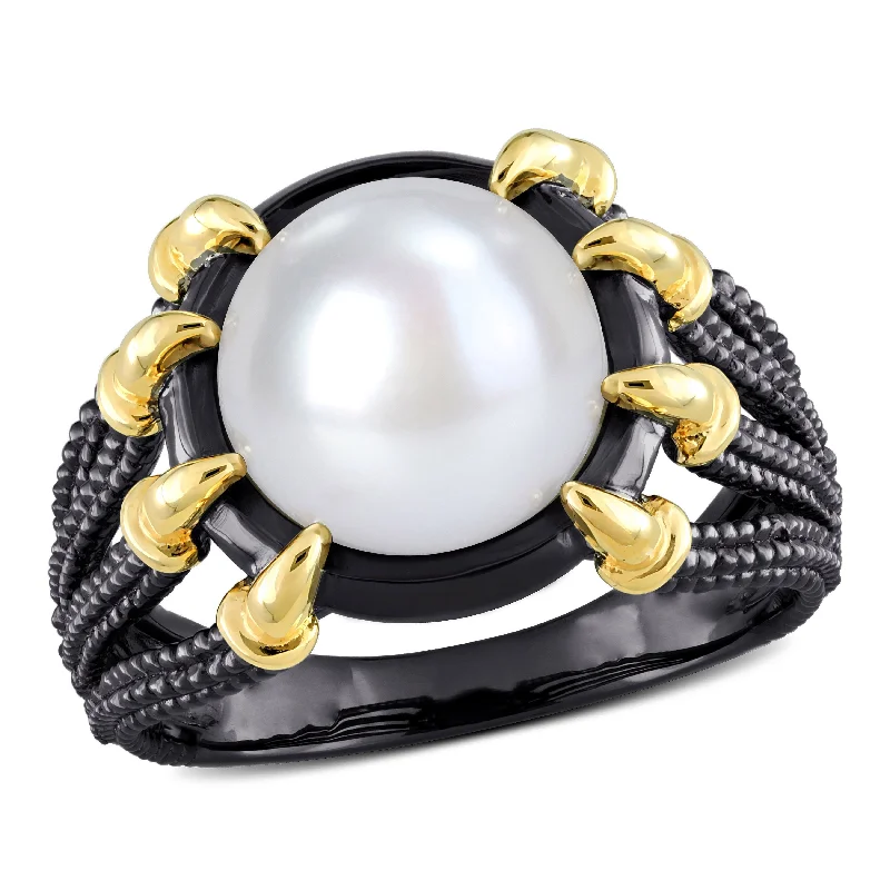 Miadora 10.5-11 mm Cultured Freshwater Pearl Ring in Black Rhodium Plated Yellow Silver