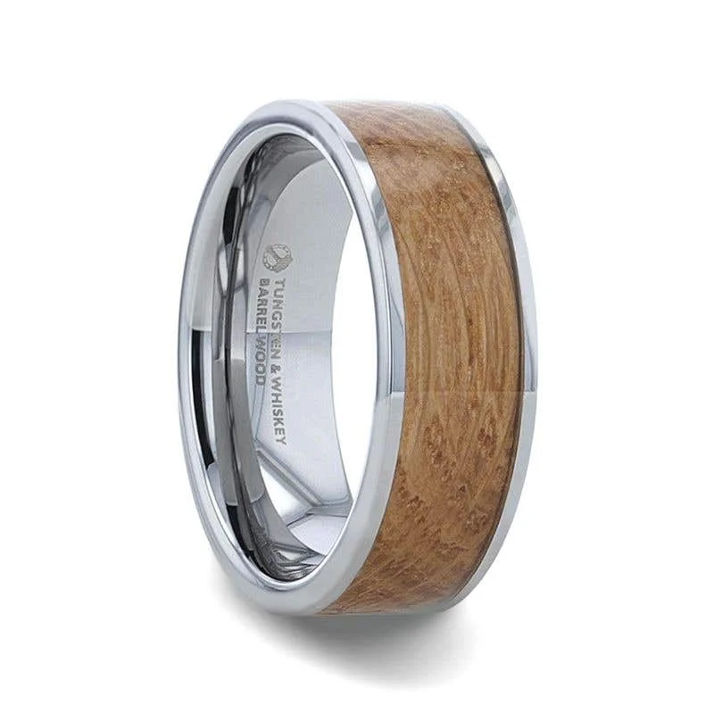 Thorsten MALT Whiskey Barrel Wood Inlaid Tungsten Men's Wedding Band With Flat Polished Edges Made From Genuine Whiskey Barrels - 8mm