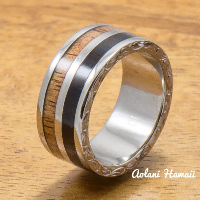 Koa Titanium Ring with Two Tone Hawaiian Koa Wood and Ebony Gabon Wood Inlay (10mm width, Flat Style)