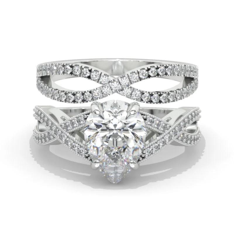 3 Carat Pear Moissanite Halo Twisted Engagement Ring 14K White Gold Ring Set