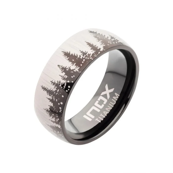 Black and Silver Tone Titanium Evergreen Forest Treeline Design Comfort Fit Ring