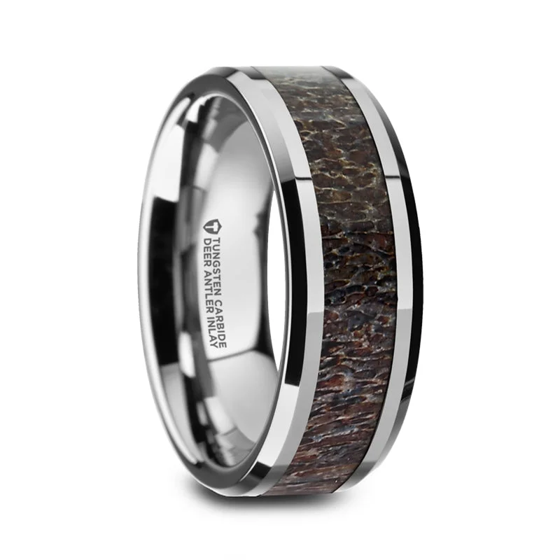 Thorsten FAWN Dark Deer Antler Inlay Tungsten Carbide Beveled Edged Ring - 8mm