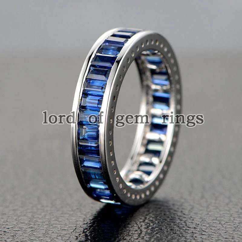 Channel-Set Emerald Cut Blue Sapphire September Birthstone Band in 14K Gold