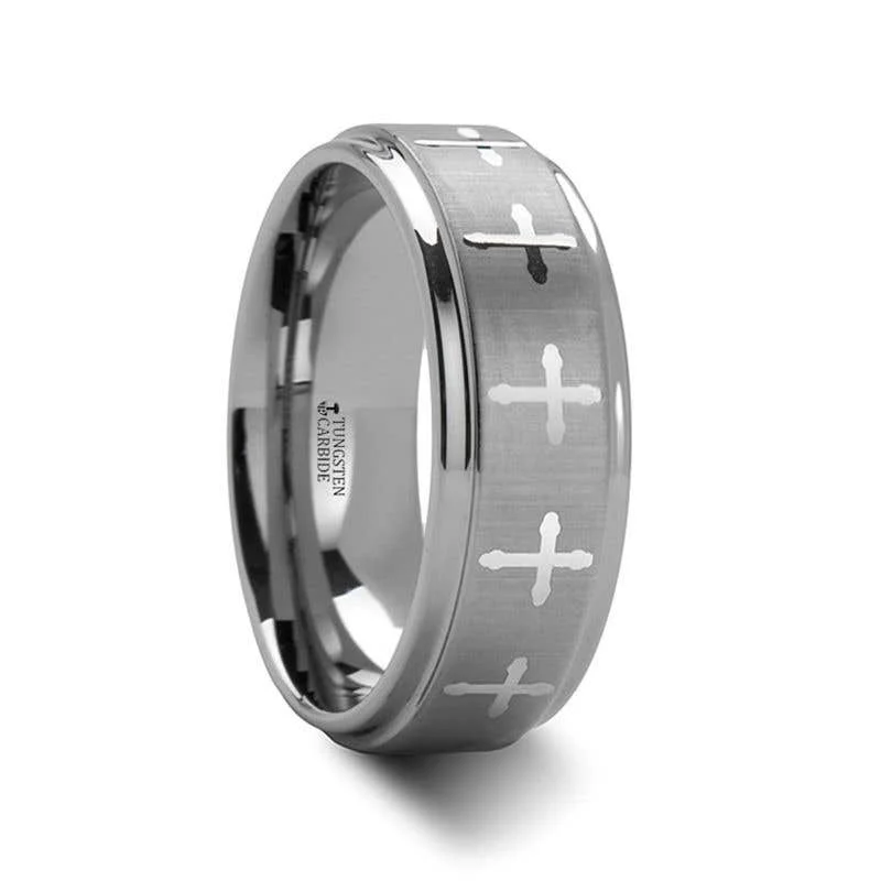 Thorsten TRINITY Raised Center with Engraved Crosses Men's Tungsten Wedding Band – 8mm