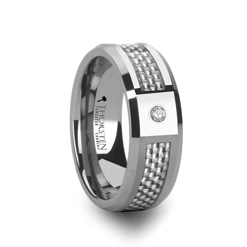 Thorsten ROYCE Tungsten Wedding Band White Carbon Fiber Diamond Setting - 8mm