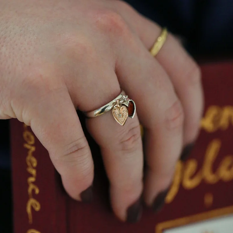 Secret Hearts 2-heart Silver Diamond Ring with 9ct Rose Gold & Red Enamel