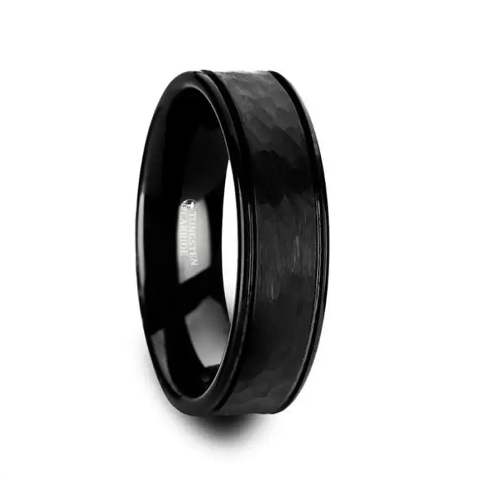 JOINER ~ Hammered Finish Center Black Tungsten Carbide with Dual Offset Grooves and Polished Edges