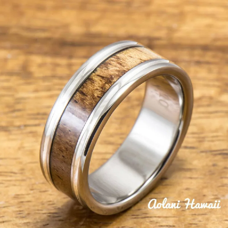 Titanium Ring with Koa Wood and Double Silver Line Inlay (8mm width, Flat Style)