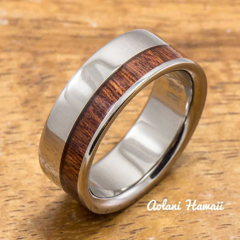 Titanium Ring with Hawaiian Koa Wood Inlay (6mm - 8 mm width, Flat Style)