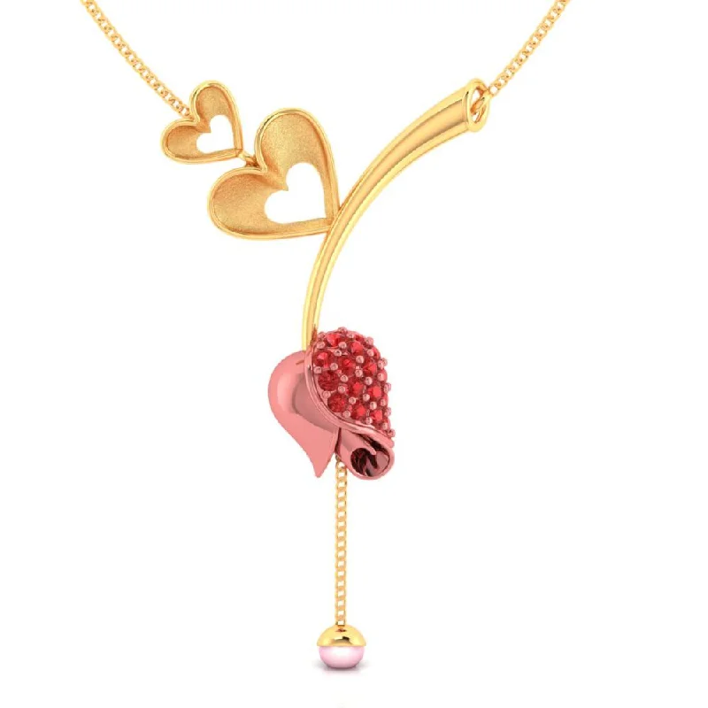 22k Gold Necklace With Double Hearts On A Stone-studded Tulip And A Pearl Drop