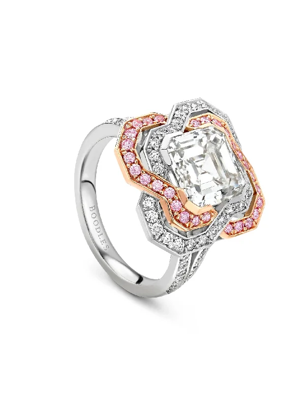 Pavilion Asscher Diamond and Pink Diamond Platinum Ring