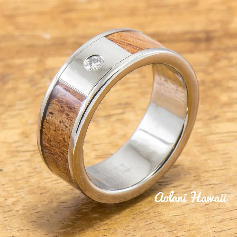 Diamond Titanium Ring with Hawaiian Koa Wood Inlay (8 mm width, Flat Style)