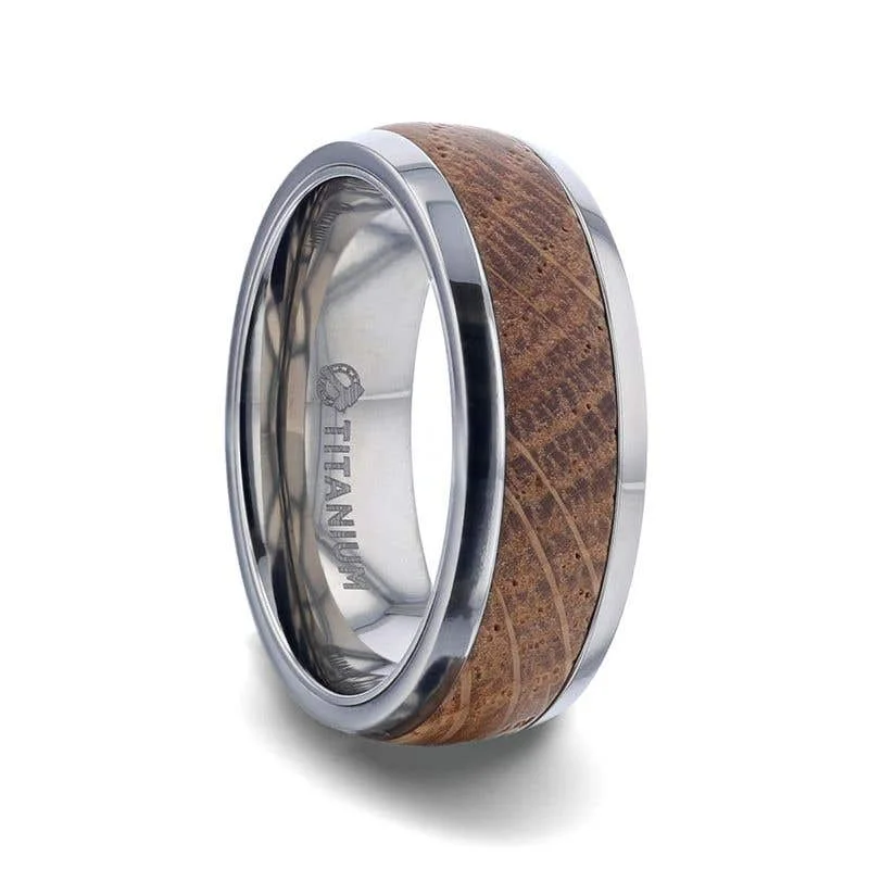 Thorsten STAVE Whiskey Barrel Wood Inlaid Titanium Men's Wedding Band With Domed Polished Edges Made From Genuine Whiskey Barrels - 8mm