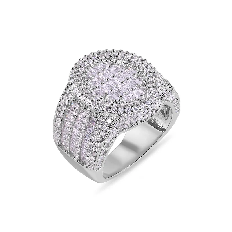 Rhodium Plated 925 Sterling Silver Statement Baguette Clear CZ Oval Top 20.6mm Ring - GMR00388