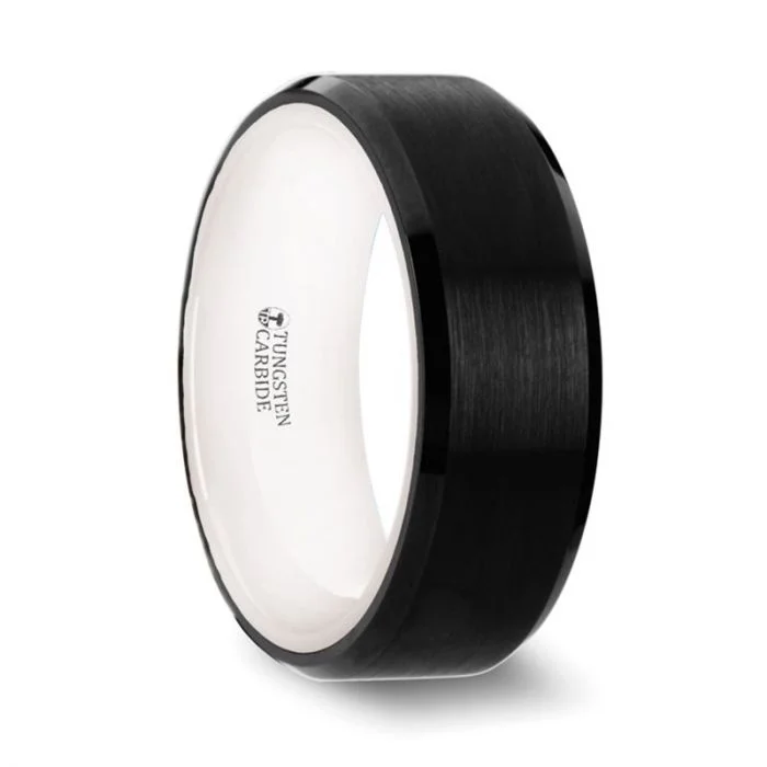 SIGMA Black Tungsten Brushed Center Men’s Wedding Band with Polished Beveled Edges & White Interior