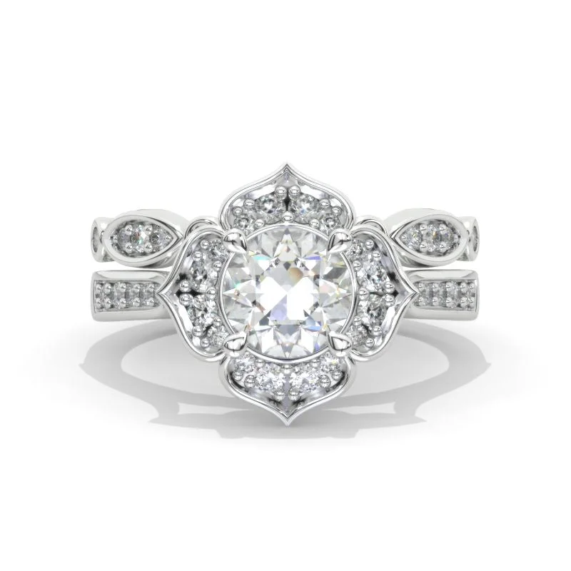 Moissanite Floral Halo 14K White Gold Engagement Ring, Eternity Ring Set