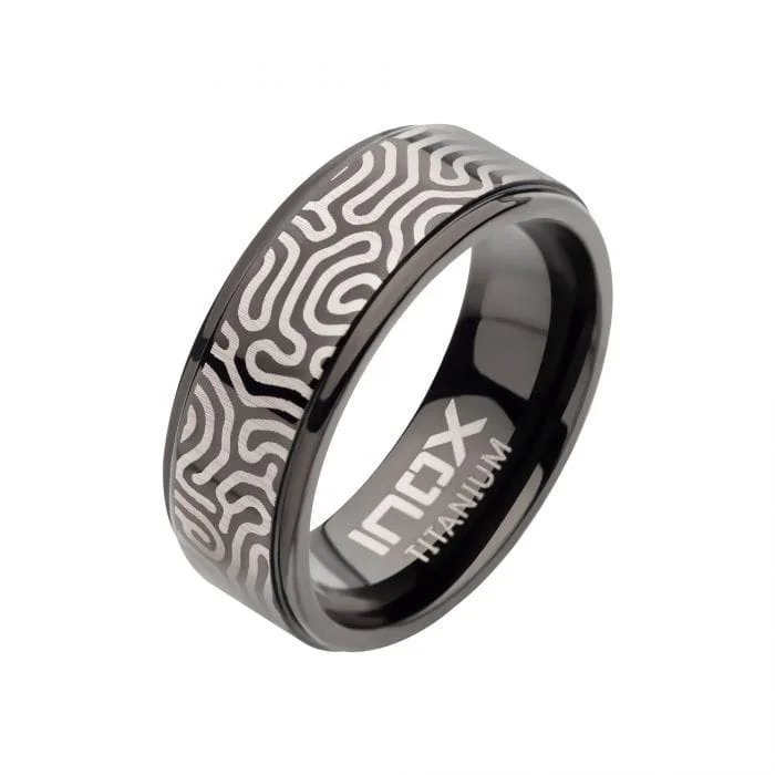 Black and Silver Tone Titanium Brain Coral Pattern Comfort Fit Ring