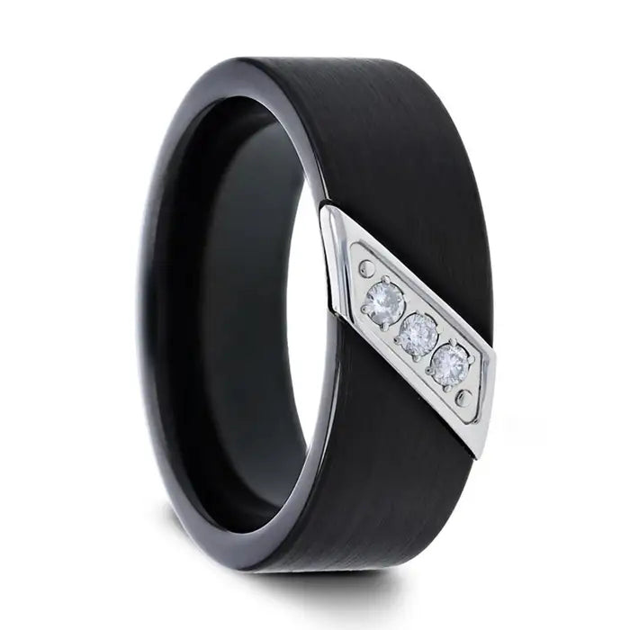 LIAM ~ Flat Black Satin Finished Tungsten Carbide with Diagonal Diamonds Set in Stainless Steel