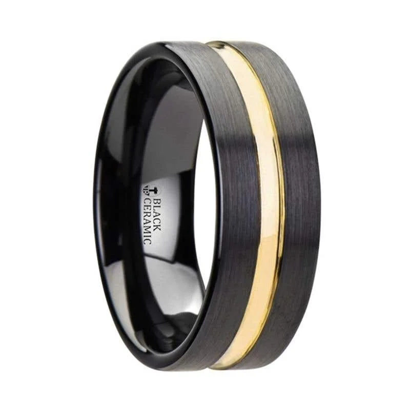 Thorsten VIVALDI Black Ceramic Wedding Band With Yellow Gold Groove - 4mm 6mm or 8mm