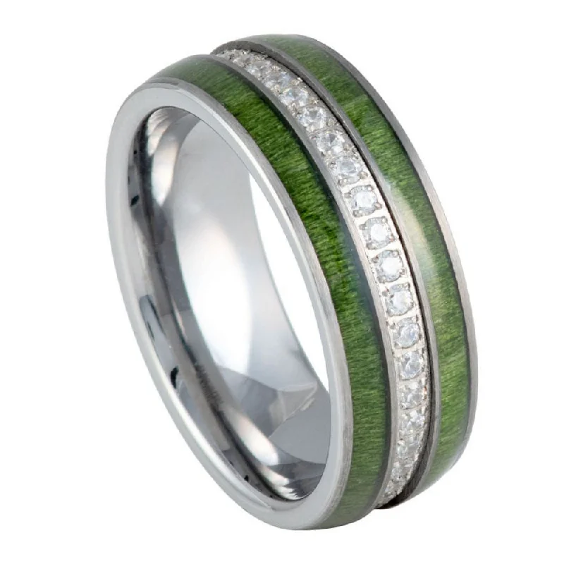 Tungsten Jade Wood Inlay with White CZ Centered Eternity – 8mm