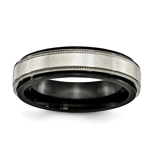 Edward Mirell Black Titanium & Sterling Silver Satin & Polished Milgrain Band