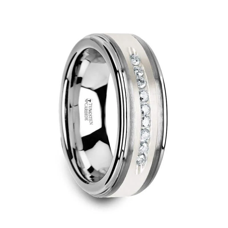 Thorsten HARPER Tungsten Wedding Band with Raised Center & Brushed Silver Inlay and 9 Channel Set White Diamonds - 8mm