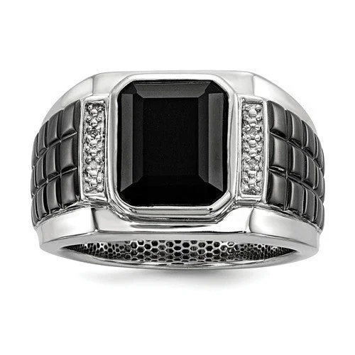 Sterling Silver Diamond & Onyx Square Black Rhodium Plated Men's Ring