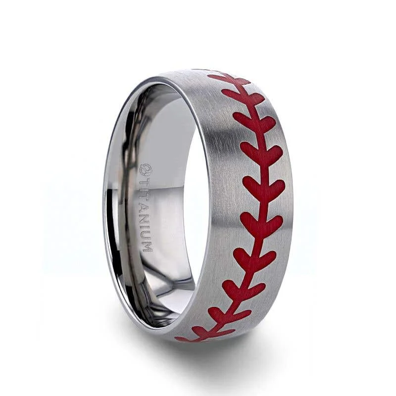 Thorsten DIMAGGIO Titanium Brushed Finish Ring with Red Baseball Stitching Pattern - 8mm