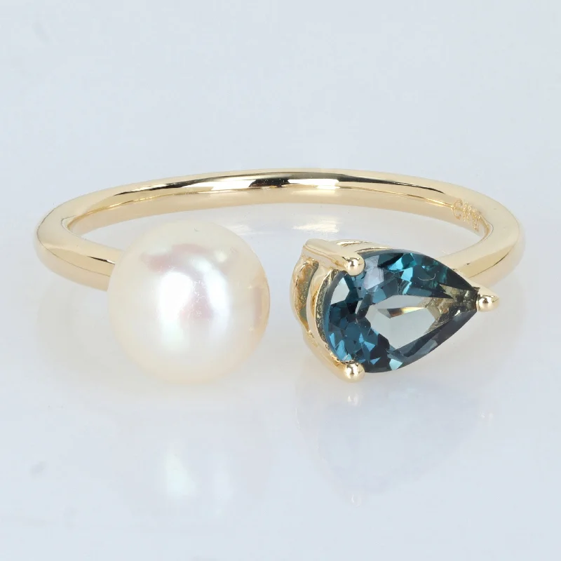 Miadora 7/8ct TGW Pear-Cut London Blue Topaz Cultured Freshwater Pearl Ring 10k Yellow Gold