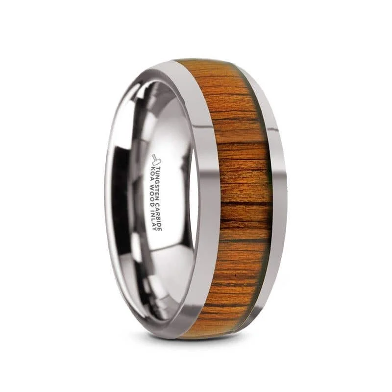 Thorsten KAMEHA Tungsten Domed Profile Polished Finish Men’s Wedding Ring with Koa Wood Inlay - 8mm