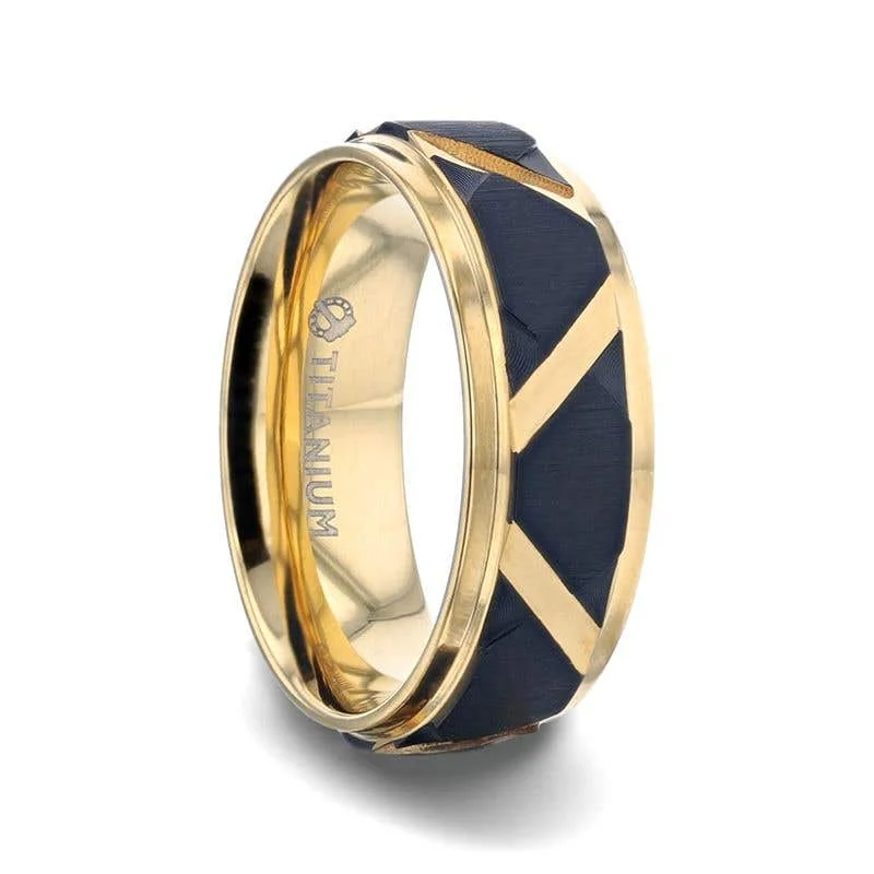 Thorsten FLEMING Yellow Gold Plated Flat Polished Step Edged Titanium Men's Wedding Band With Matte Black Raised Horizontal Etches and Gold-Plated Diagonal-Shape Cut Inlay - 8mm