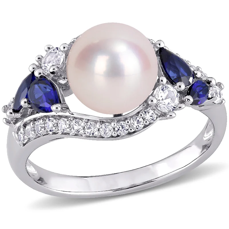 Miadora 10k White Gold Cultured FW Pearl with Created Blue & White Sapphire Pearl Ring (8-8.5mm)